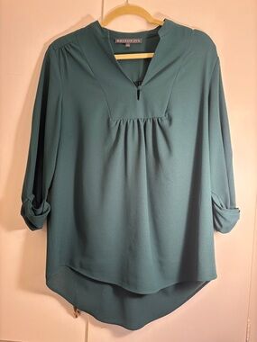 Brixon Ivy Dark Teal Split-Neck Roll-Tab Tunic